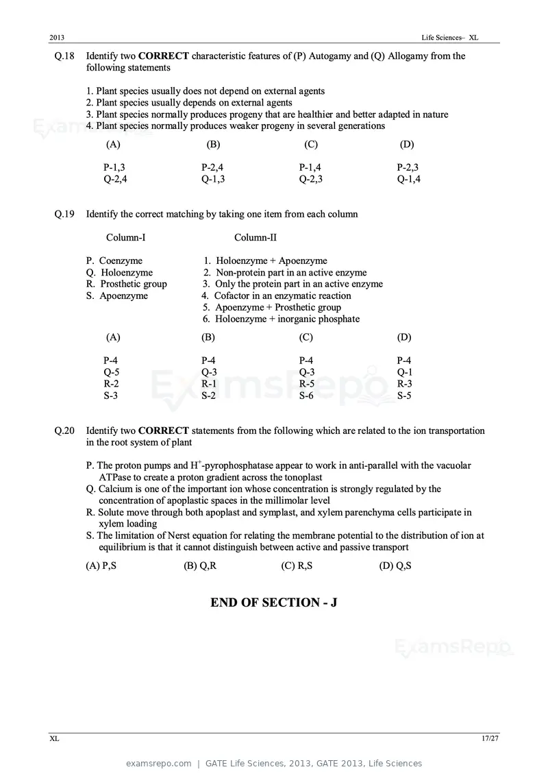 GATE Life Sciences 2013 question paper, GATE 2013, Life Sciences, page 17 of 27