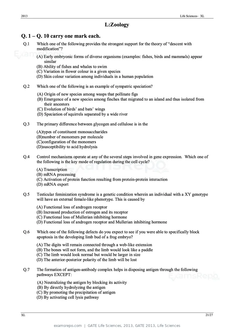 GATE Life Sciences 2013 question paper, GATE 2013, Life Sciences, page 21 of 27