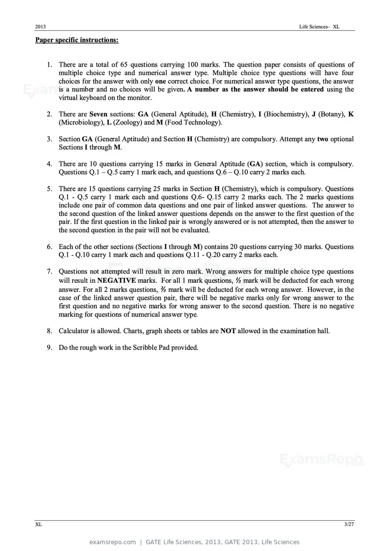 GATE Life Sciences 2013 question paper, GATE 2013, Life Sciences, page 3 of 27