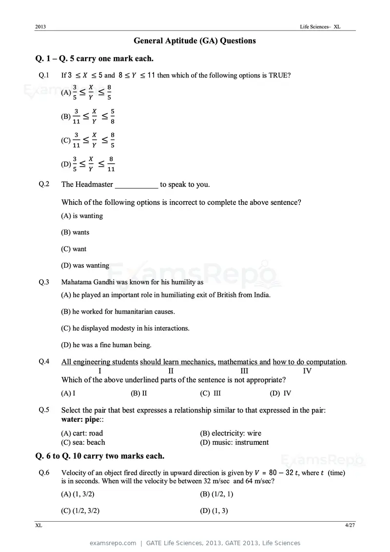 GATE Life Sciences 2013 question paper, GATE 2013, Life Sciences, page 4 of 27