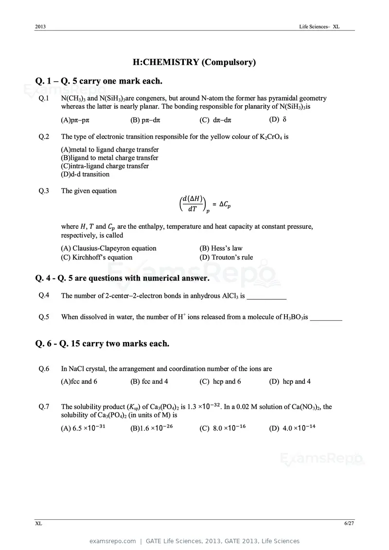 GATE Life Sciences 2013 question paper, GATE 2013, Life Sciences, page 6 of 27
