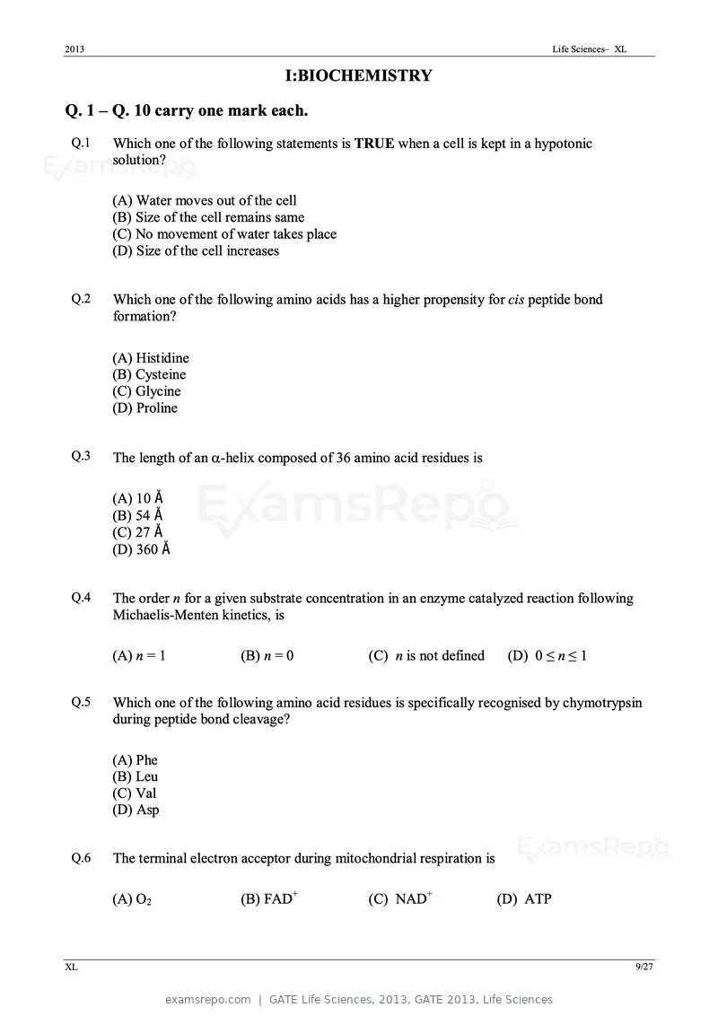 GATE Life Sciences 2013 question paper, GATE 2013, Life Sciences, page 9 of 27