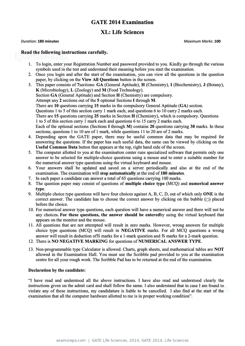 GATE Life Sciences 2014 question paper, GATE 2014, Life Sciences, page 4 of 33