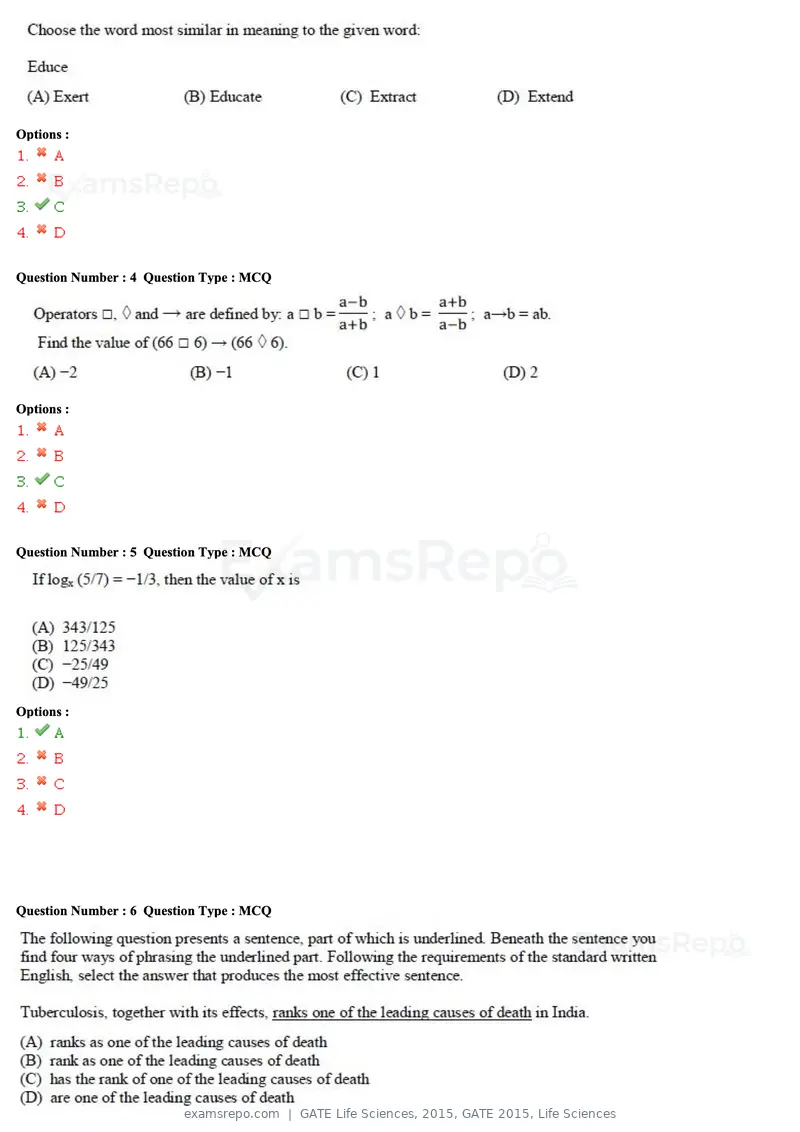 GATE Life Sciences 2015 question paper, GATE 2015, Life Sciences, page 2 of 40