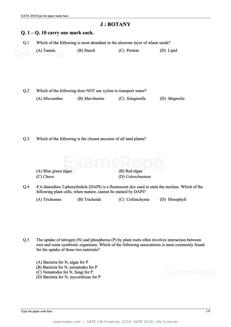 GATE Life Sciences 2016 question paper, GATE 2016, Life Sciences, page 11 of 31
