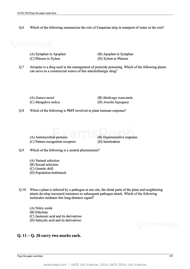GATE Life Sciences 2016 question paper, GATE 2016, Life Sciences, page 12 of 31