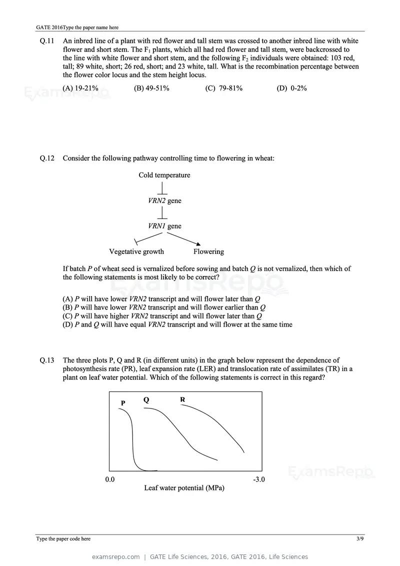 GATE Life Sciences 2016 question paper, GATE 2016, Life Sciences, page 13 of 31