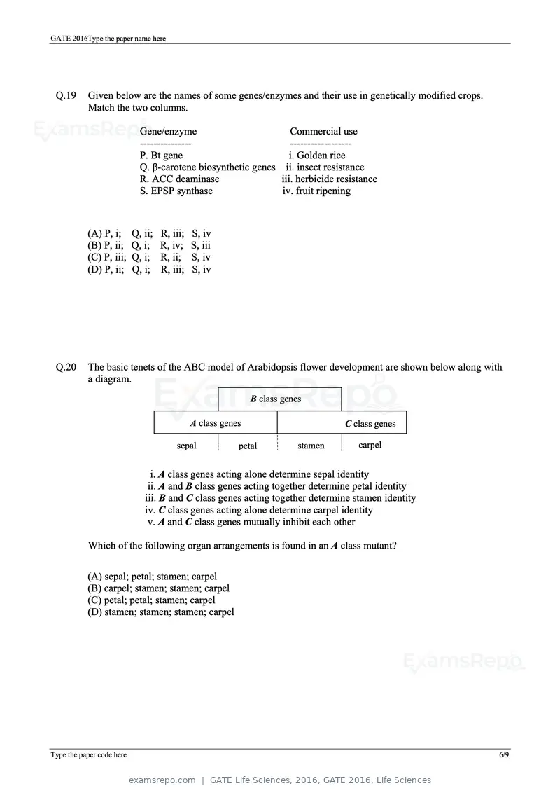 GATE Life Sciences 2016 question paper, GATE 2016, Life Sciences, page 16 of 31
