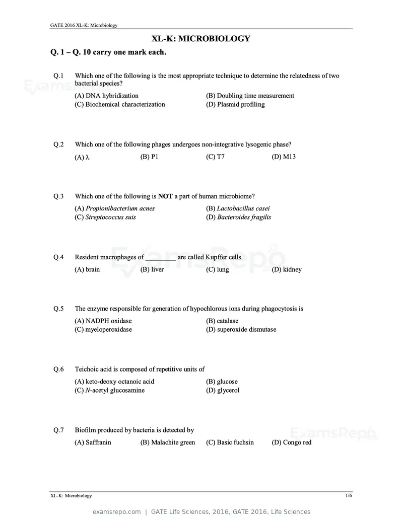 GATE Life Sciences 2016 question paper, GATE 2016, Life Sciences, page 18 of 31