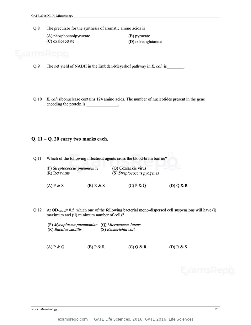 GATE Life Sciences 2016 question paper, GATE 2016, Life Sciences, page 19 of 31