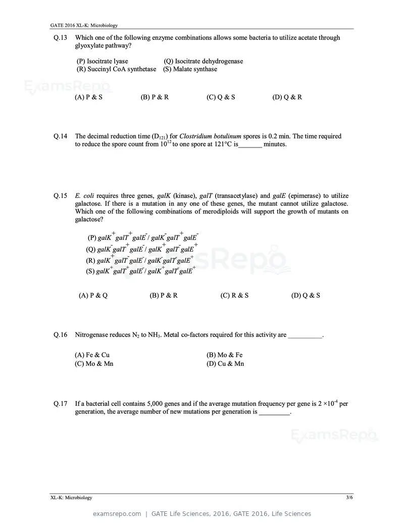 GATE Life Sciences 2016 question paper, GATE 2016, Life Sciences, page 20 of 31