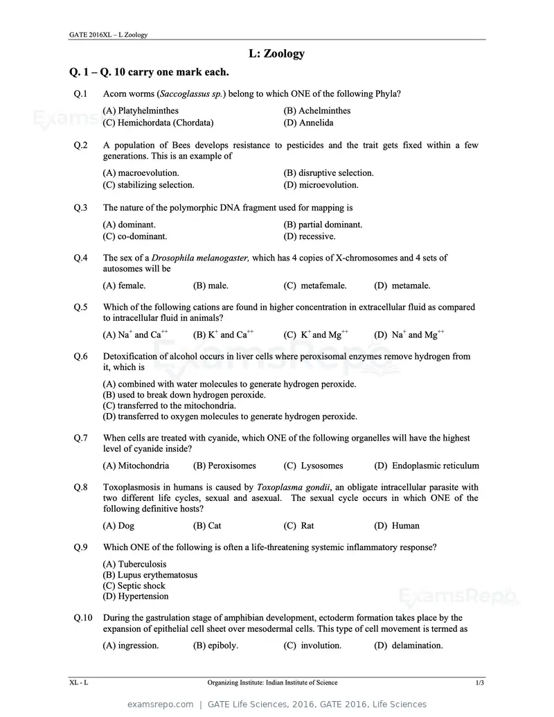 GATE Life Sciences 2016 question paper, GATE 2016, Life Sciences, page 22 of 31