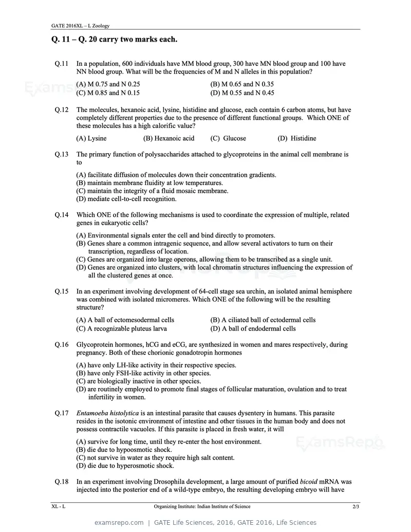 GATE Life Sciences 2016 question paper, GATE 2016, Life Sciences, page 23 of 31