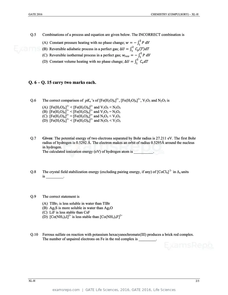GATE Life Sciences 2016 question paper, GATE 2016, Life Sciences, page 5 of 31