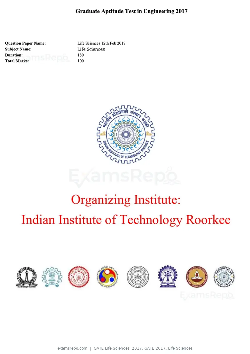 GATE Life Sciences 2017 question paper, GATE 2017, Life Sciences, page 1 of 59