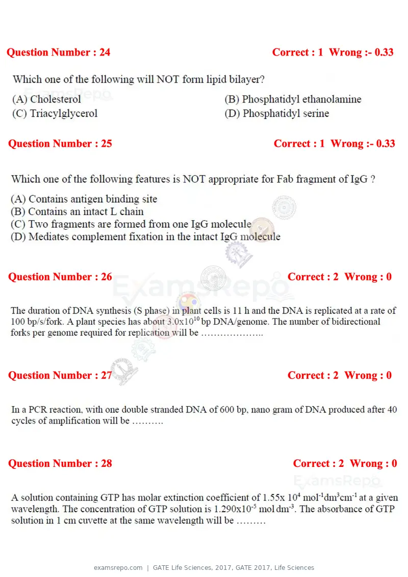 GATE Life Sciences 2017 question paper, GATE 2017, Life Sciences, page 12 of 59