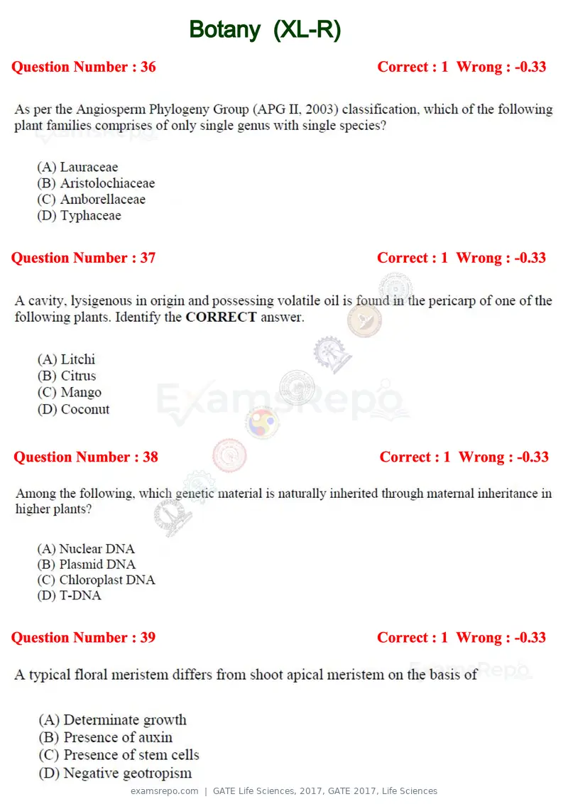 GATE Life Sciences 2017 question paper, GATE 2017, Life Sciences, page 19 of 59