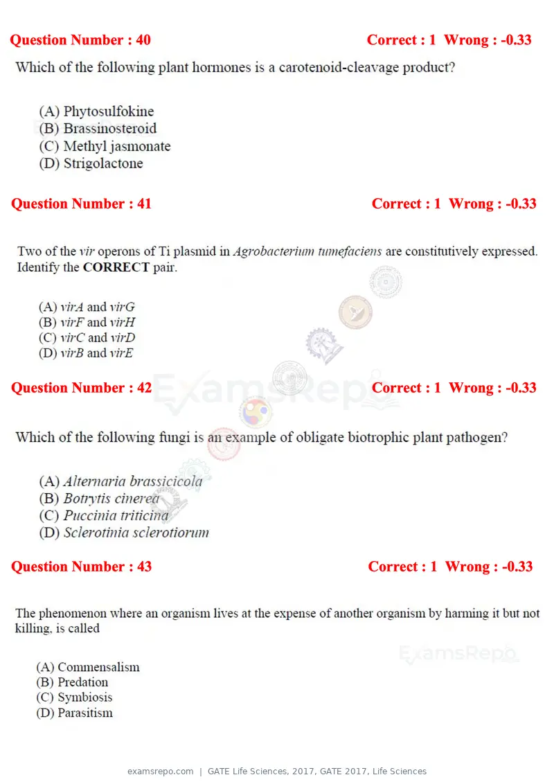 GATE Life Sciences 2017 question paper, GATE 2017, Life Sciences, page 20 of 59
