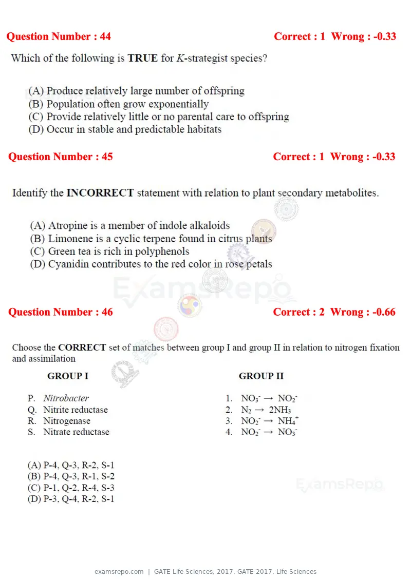 GATE Life Sciences 2017 question paper, GATE 2017, Life Sciences, page 21 of 59