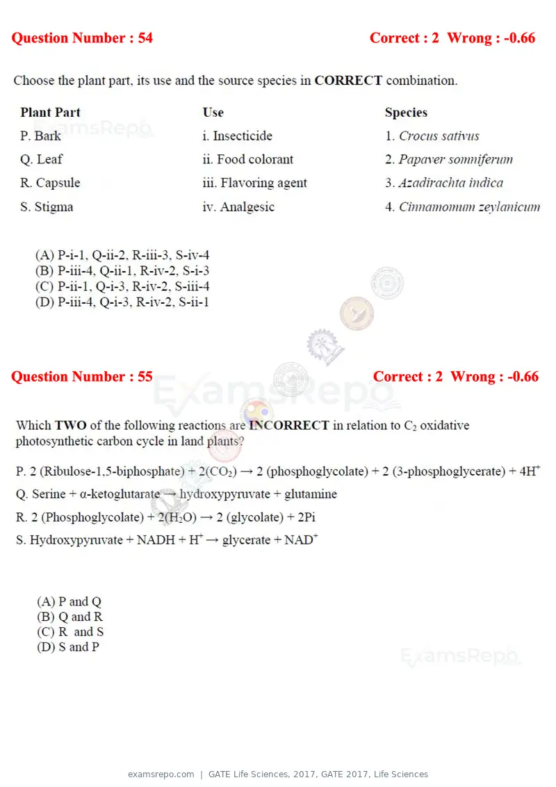 GATE Life Sciences 2017 question paper, GATE 2017, Life Sciences, page 25 of 59