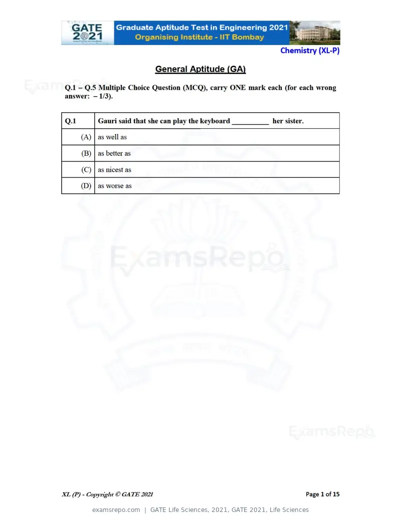 GATE Life Sciences 2021 question paper, GATE 2021, Life Sciences, page 1 of 67