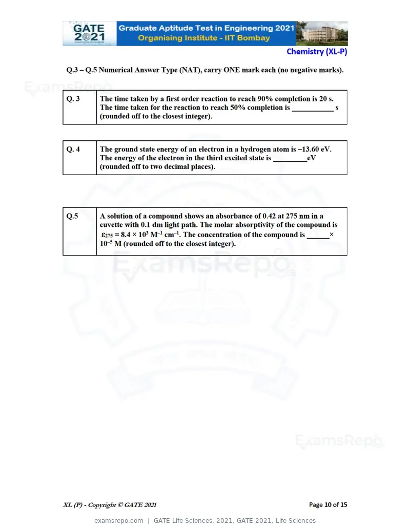 GATE Life Sciences 2021 question paper, GATE 2021, Life Sciences, page 10 of 67