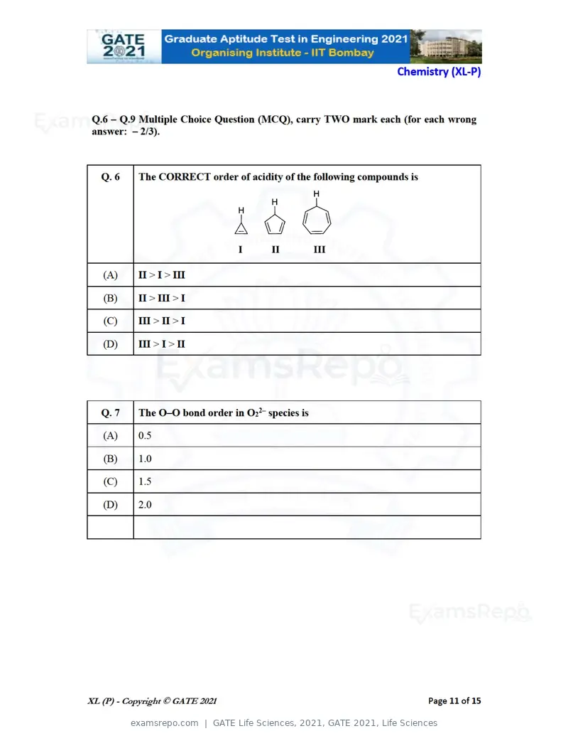 GATE Life Sciences 2021 question paper, GATE 2021, Life Sciences, page 11 of 67