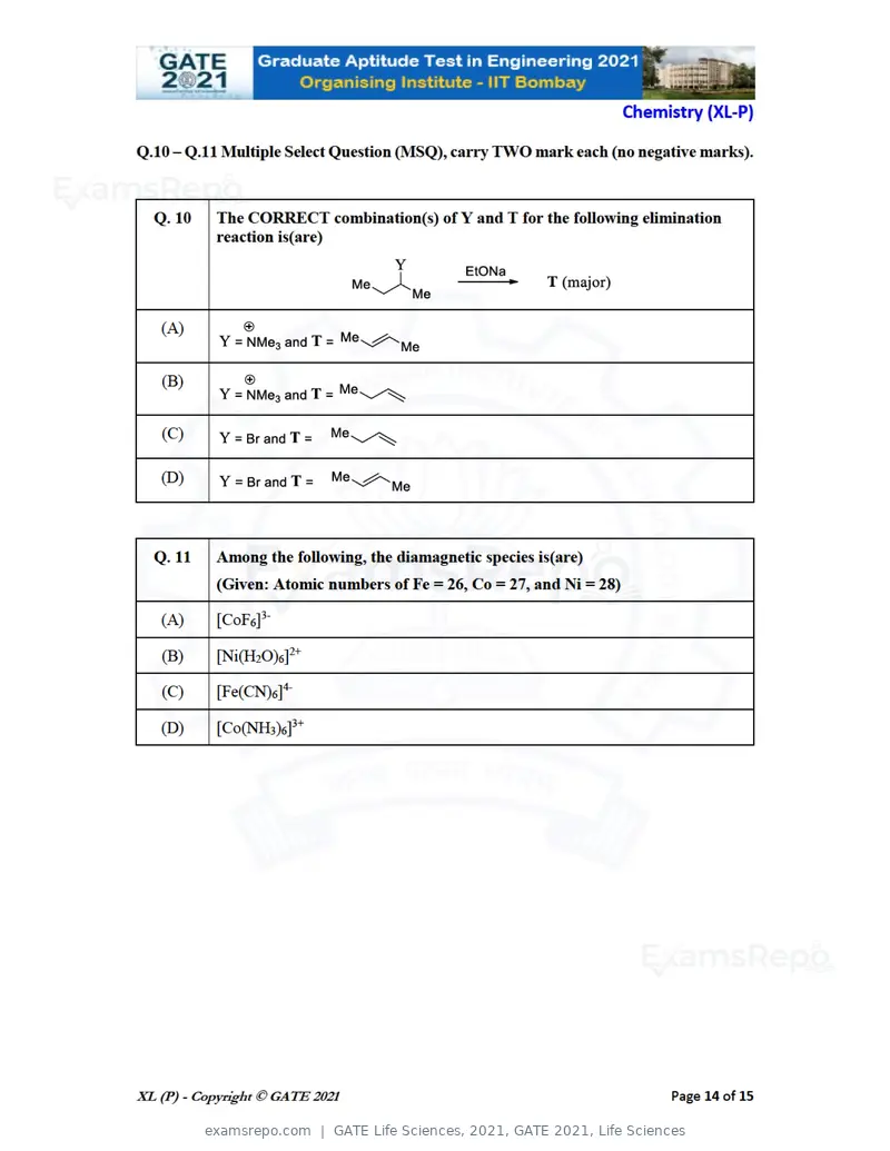 GATE Life Sciences 2021 question paper, GATE 2021, Life Sciences, page 14 of 67