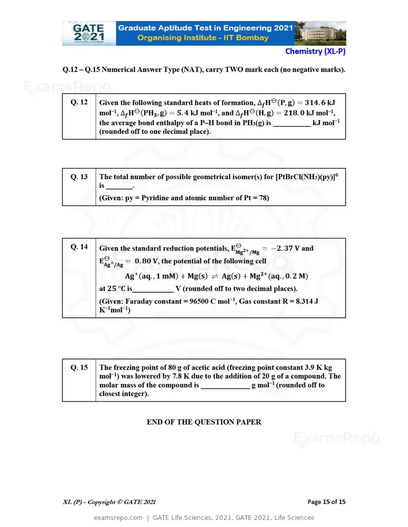 GATE Life Sciences 2021 question paper, GATE 2021, Life Sciences, page 15 of 67
