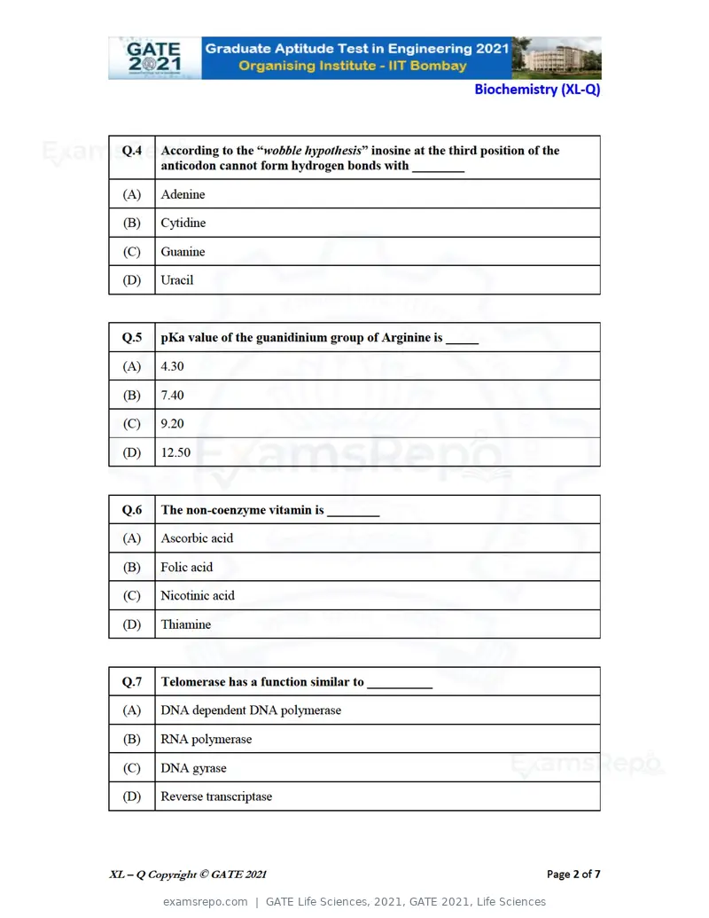 GATE Life Sciences 2021 question paper, GATE 2021, Life Sciences, page 19 of 67