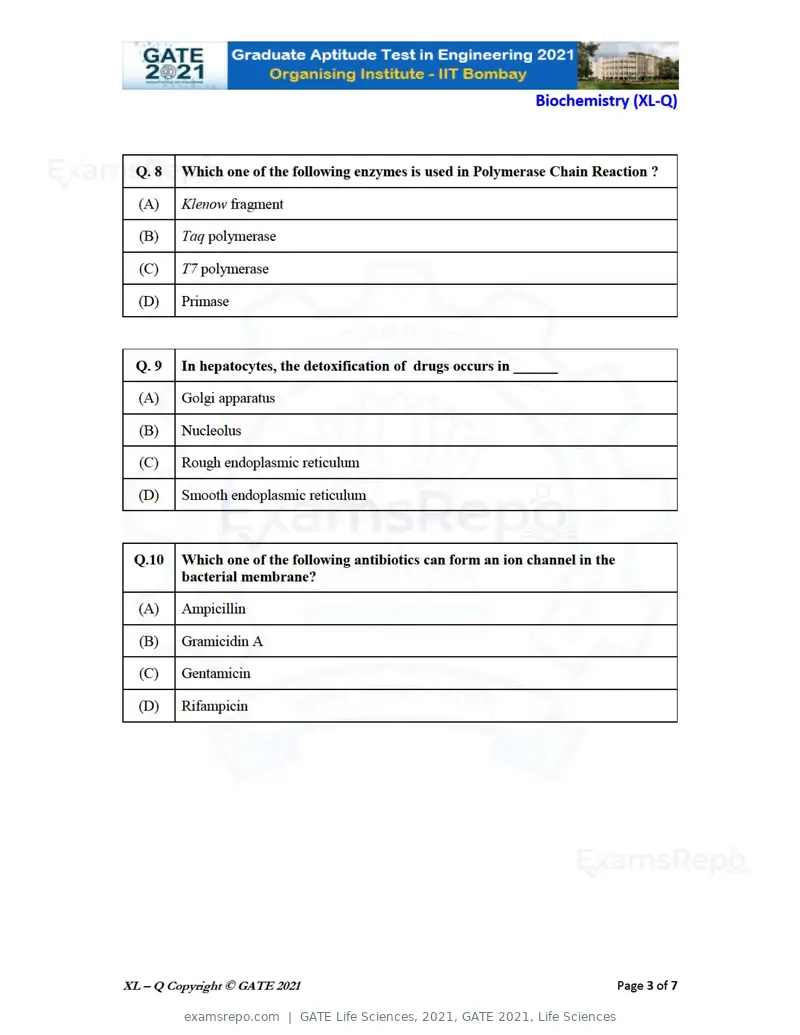 GATE Life Sciences 2021 question paper, GATE 2021, Life Sciences, page 20 of 67