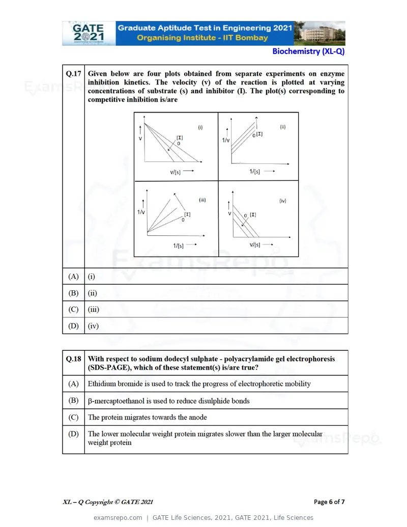 GATE Life Sciences 2021 question paper, GATE 2021, Life Sciences, page 23 of 67