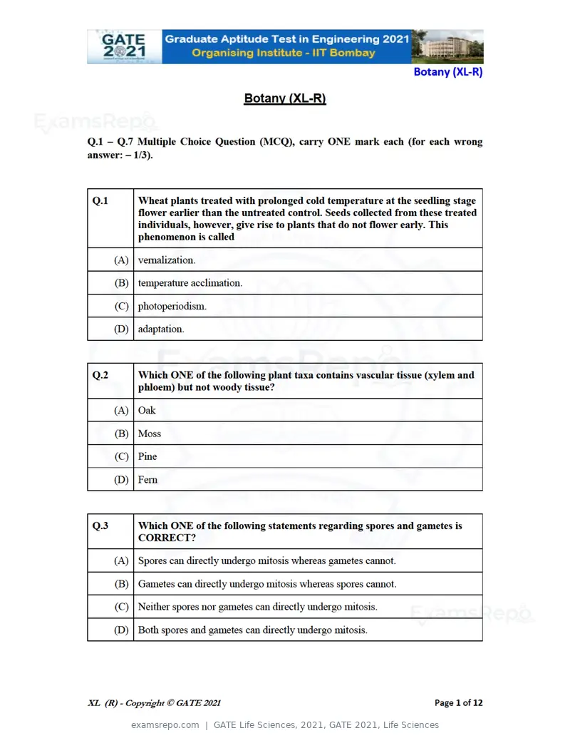 GATE Life Sciences 2021 question paper, GATE 2021, Life Sciences, page 26 of 67