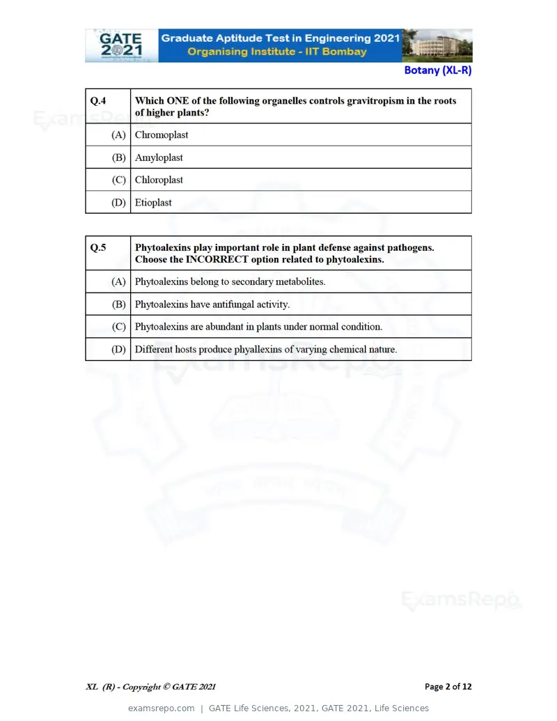 GATE Life Sciences 2021 question paper, GATE 2021, Life Sciences, page 27 of 67