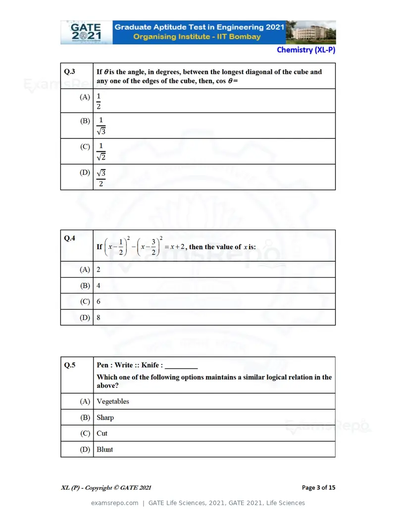 GATE Life Sciences 2021 question paper, GATE 2021, Life Sciences, page 3 of 67