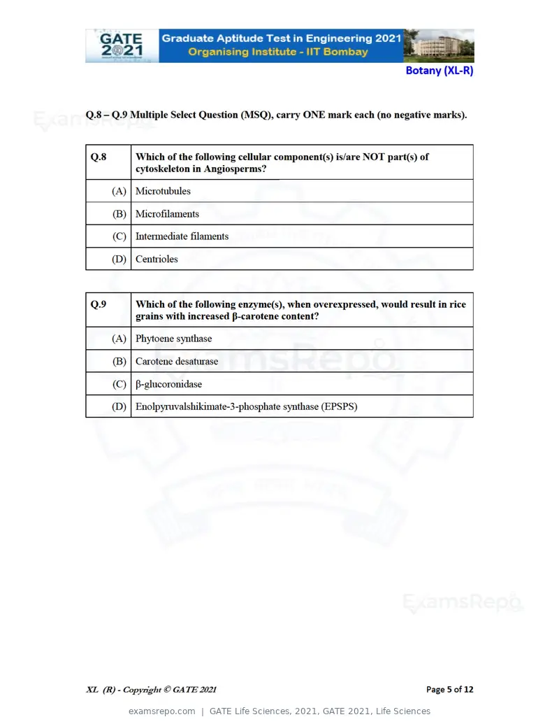 GATE Life Sciences 2021 question paper, GATE 2021, Life Sciences, page 30 of 67