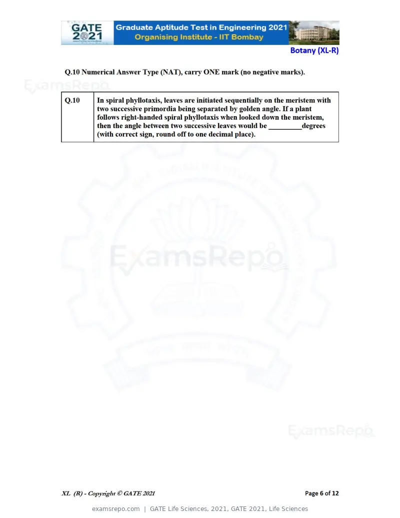 GATE Life Sciences 2021 question paper, GATE 2021, Life Sciences, page 31 of 67