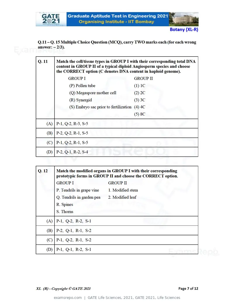GATE Life Sciences 2021 question paper, GATE 2021, Life Sciences, page 32 of 67