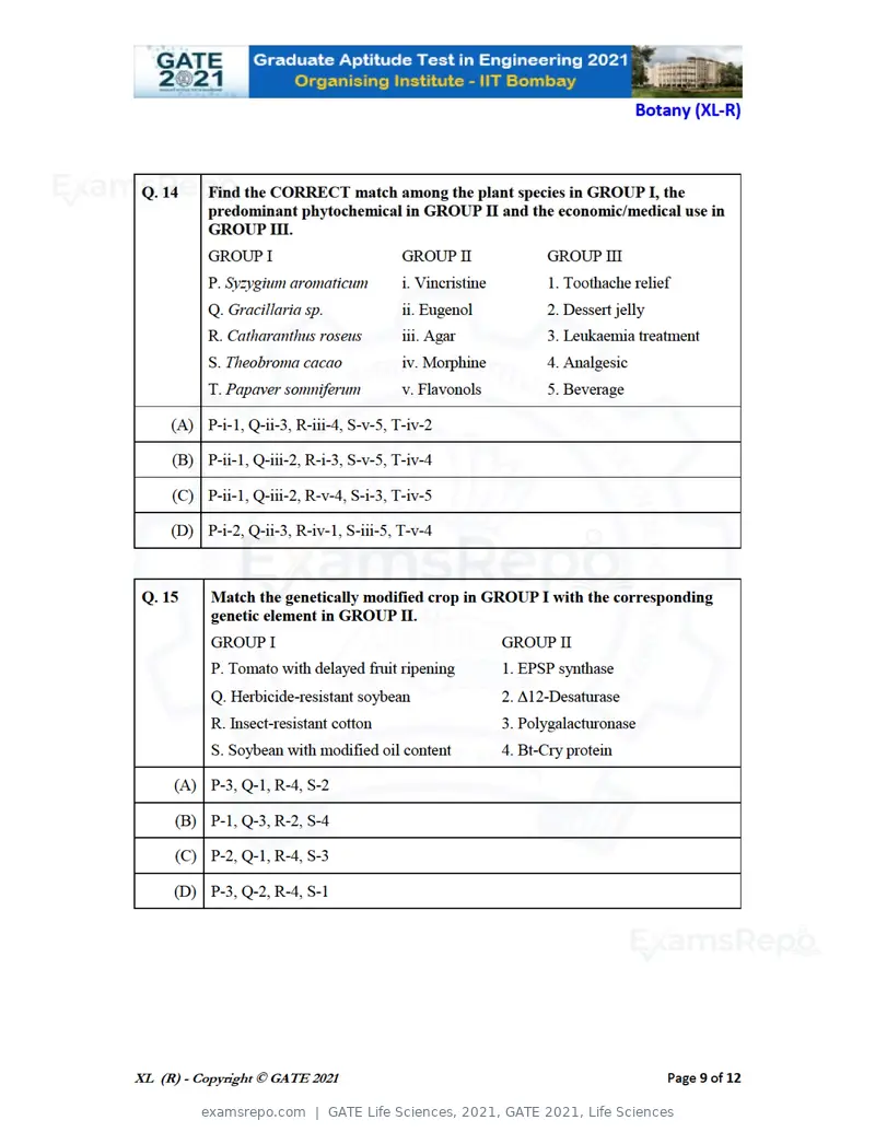 GATE Life Sciences 2021 question paper, GATE 2021, Life Sciences, page 34 of 67