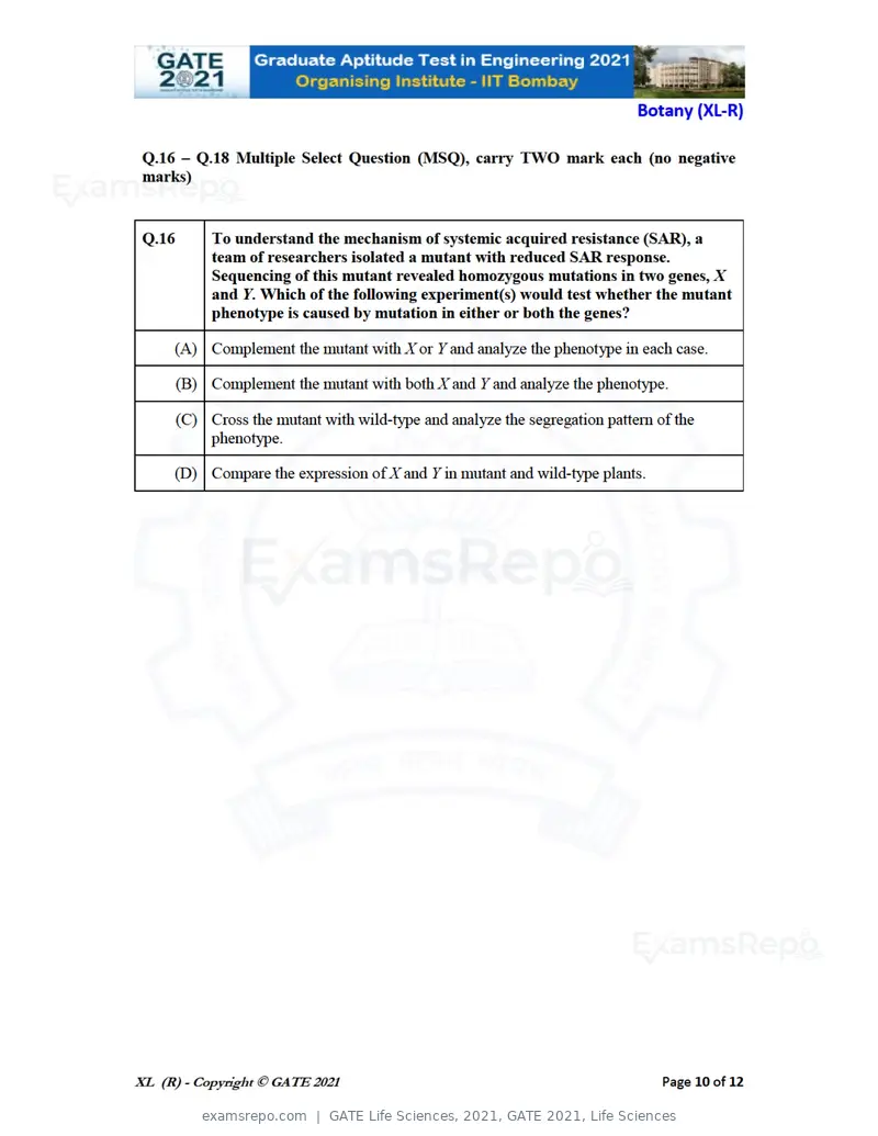 GATE Life Sciences 2021 question paper, GATE 2021, Life Sciences, page 35 of 67