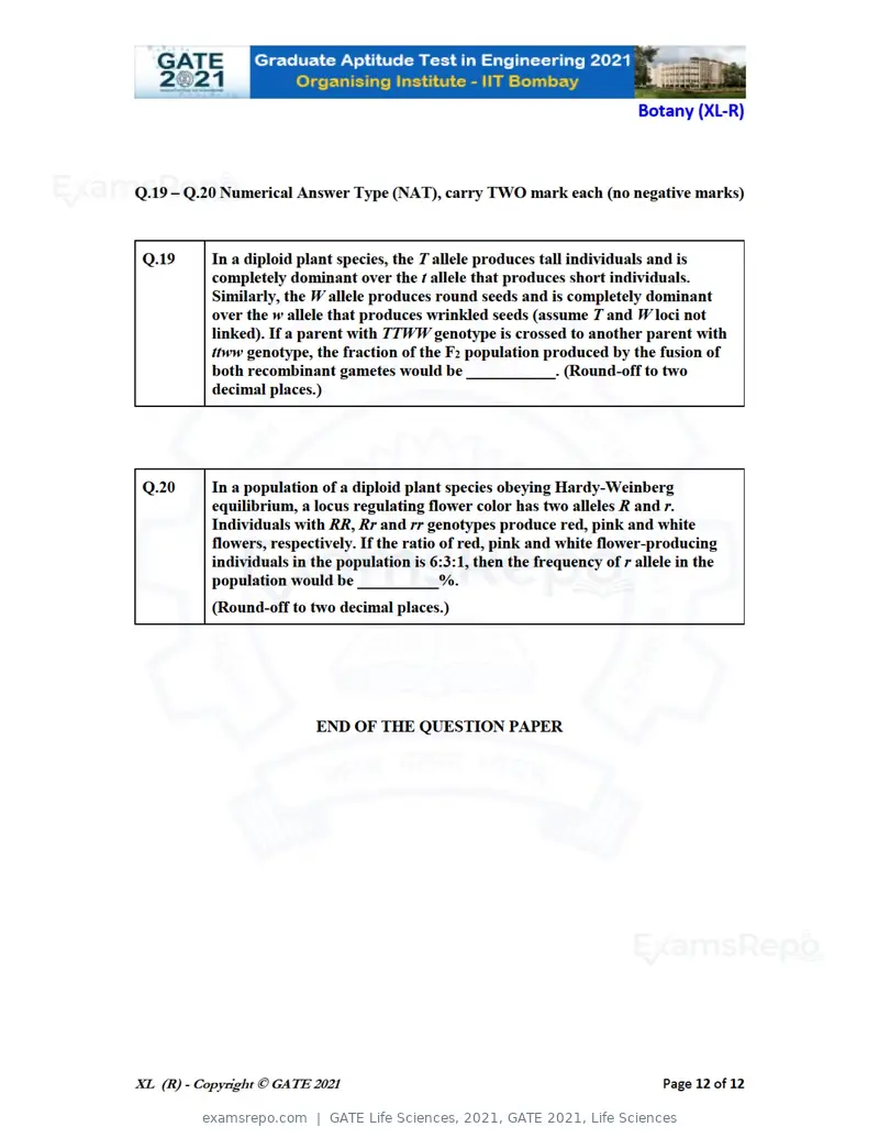 GATE Life Sciences 2021 question paper, GATE 2021, Life Sciences, page 37 of 67