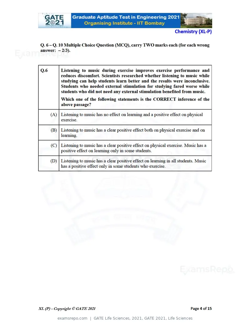 GATE Life Sciences 2021 question paper, GATE 2021, Life Sciences, page 4 of 67