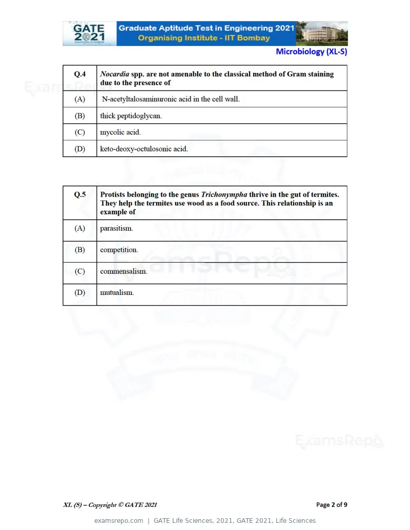 GATE Life Sciences 2021 question paper, GATE 2021, Life Sciences, page 41 of 67