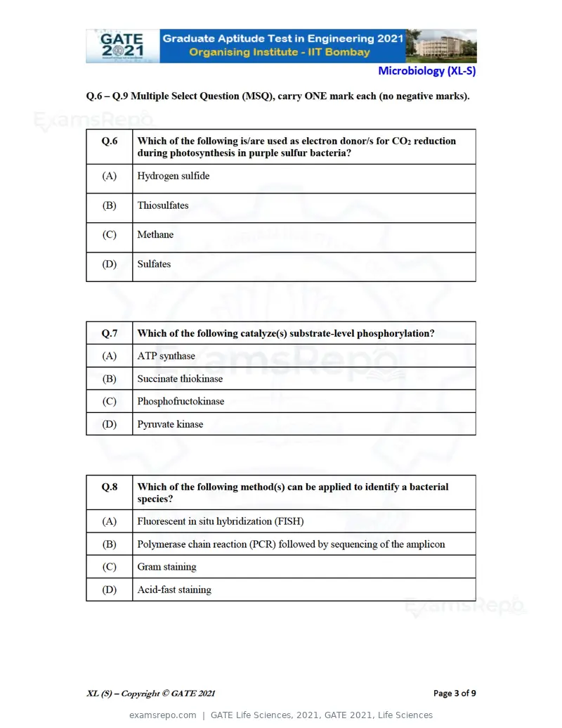 GATE Life Sciences 2021 question paper, GATE 2021, Life Sciences, page 42 of 67