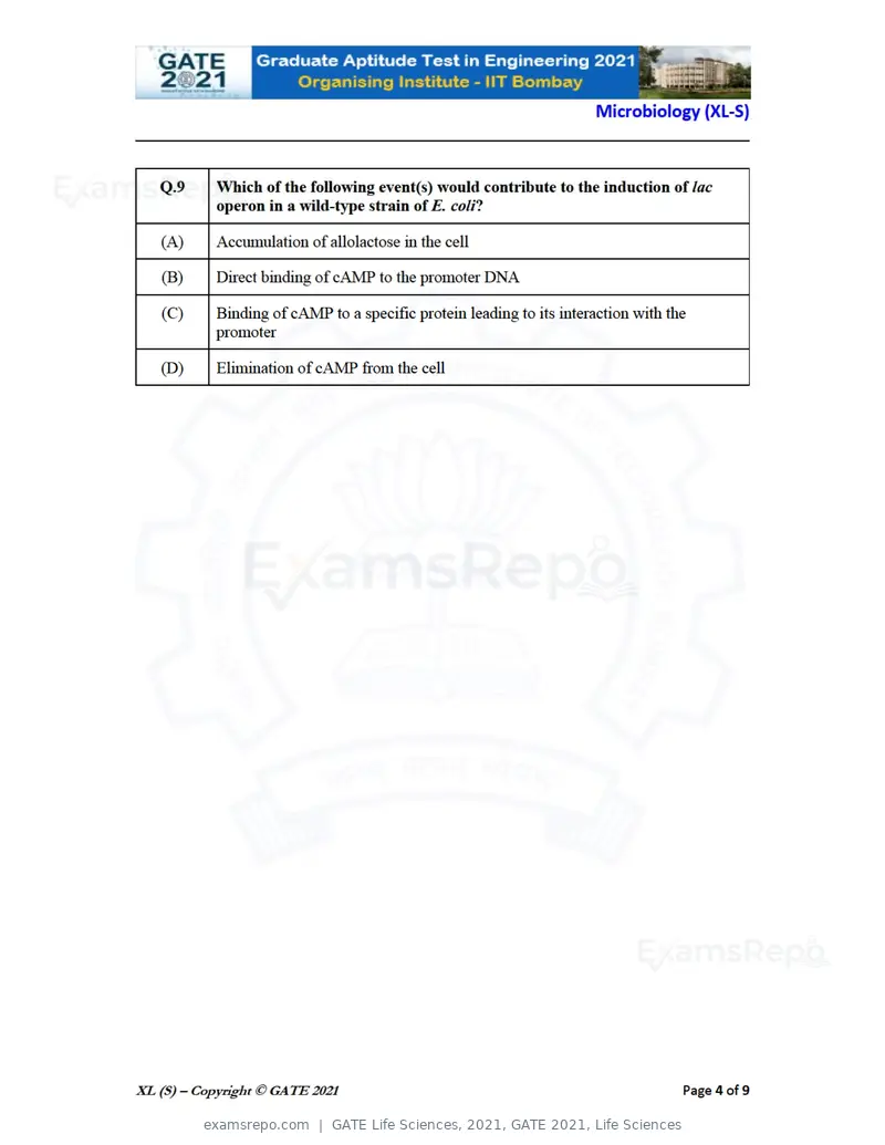 GATE Life Sciences 2021 question paper, GATE 2021, Life Sciences, page 43 of 67