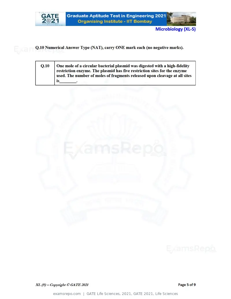 GATE Life Sciences 2021 question paper, GATE 2021, Life Sciences, page 44 of 67