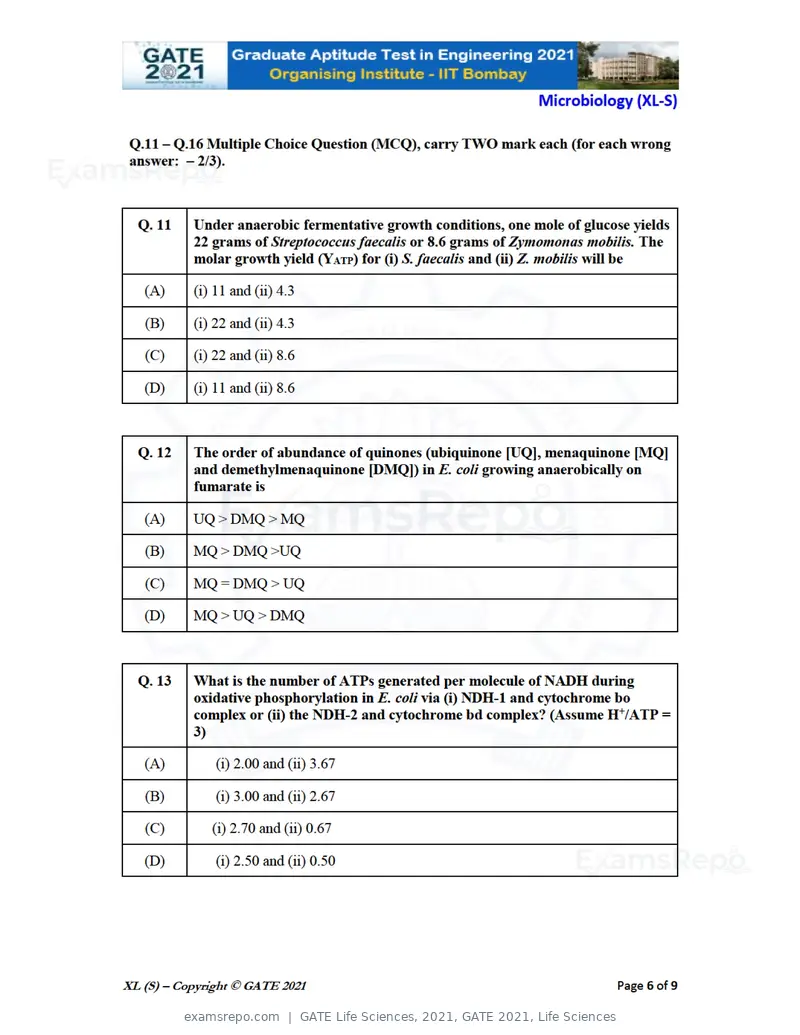 GATE Life Sciences 2021 question paper, GATE 2021, Life Sciences, page 45 of 67