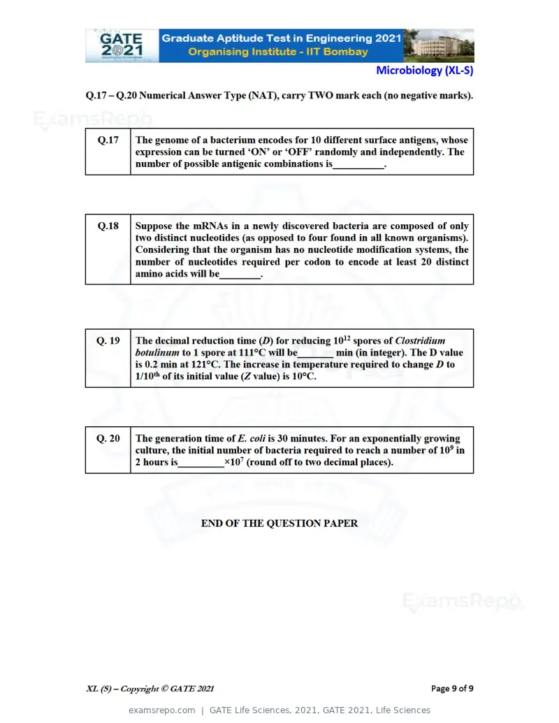 GATE Life Sciences 2021 question paper, GATE 2021, Life Sciences, page 48 of 67