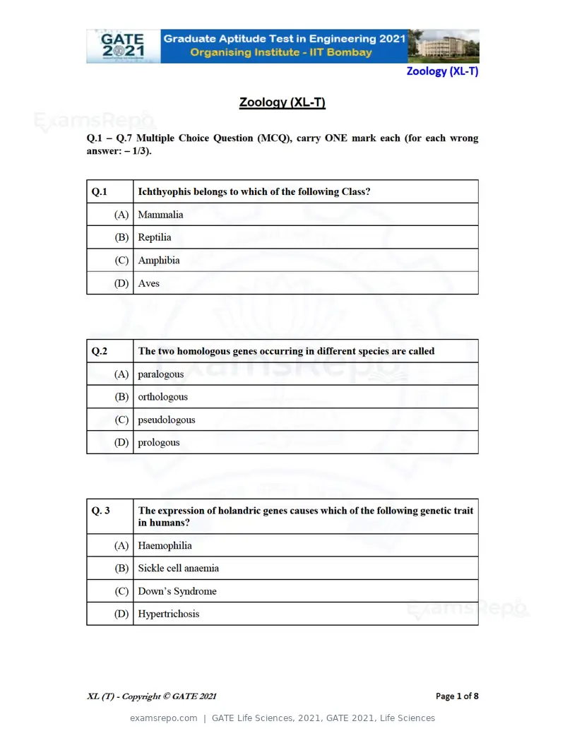 GATE Life Sciences 2021 question paper, GATE 2021, Life Sciences, page 50 of 67