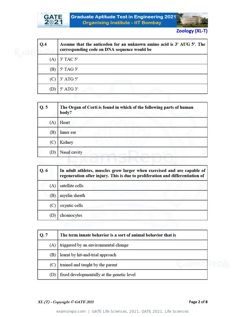 GATE Life Sciences 2021 question paper, GATE 2021, Life Sciences, page 51 of 67